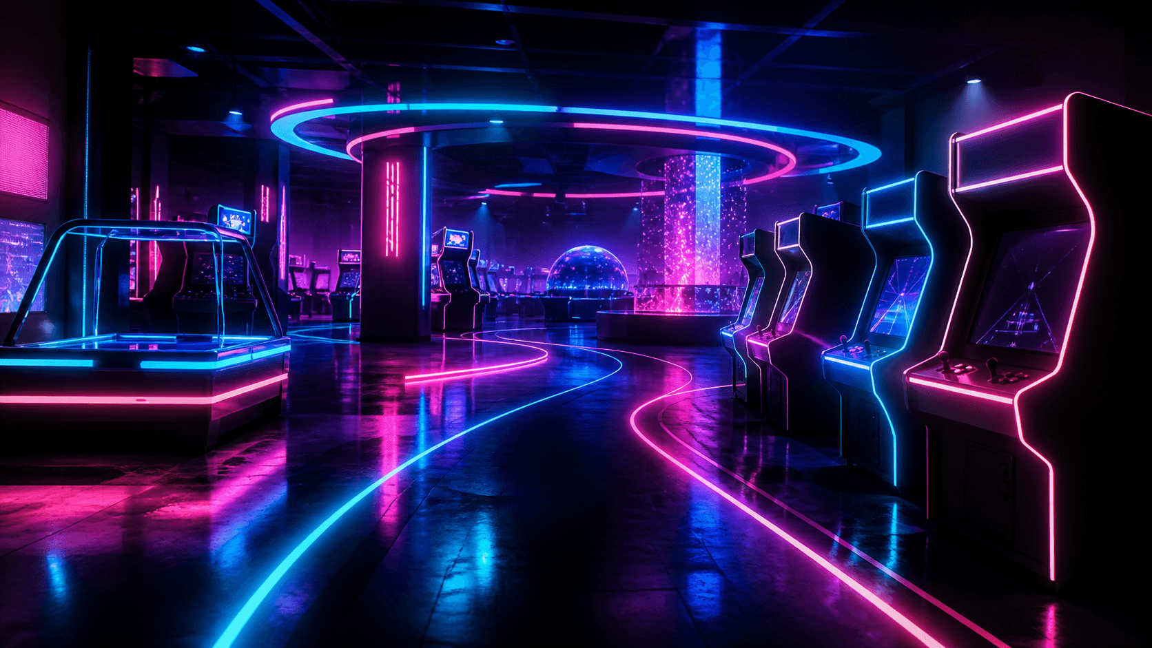 Luces de neón y máquinas de videojuegos en un espacio arcade